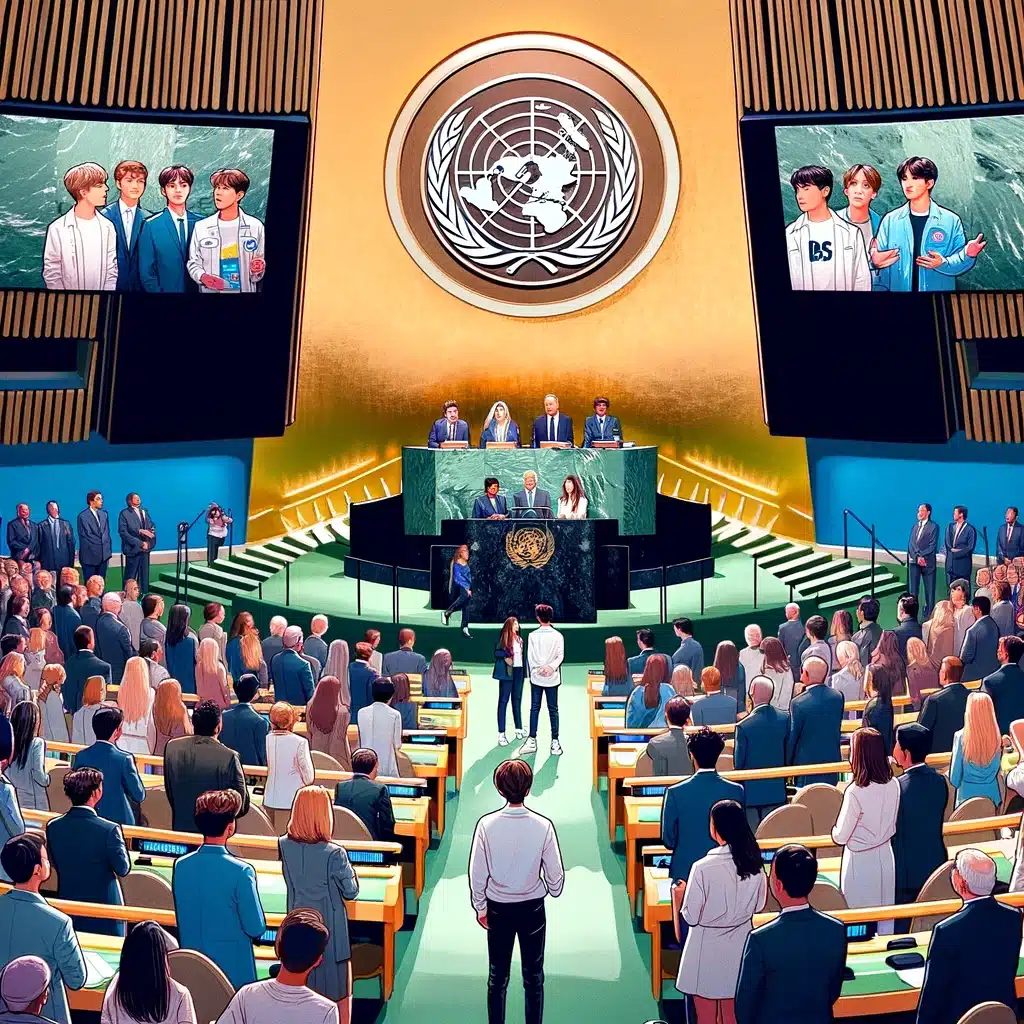 Bts k-pop: global flight of cultural icons 2 members of bts standing at the united nations podium, addressing a diverse international audience, with the un emblem in the background.