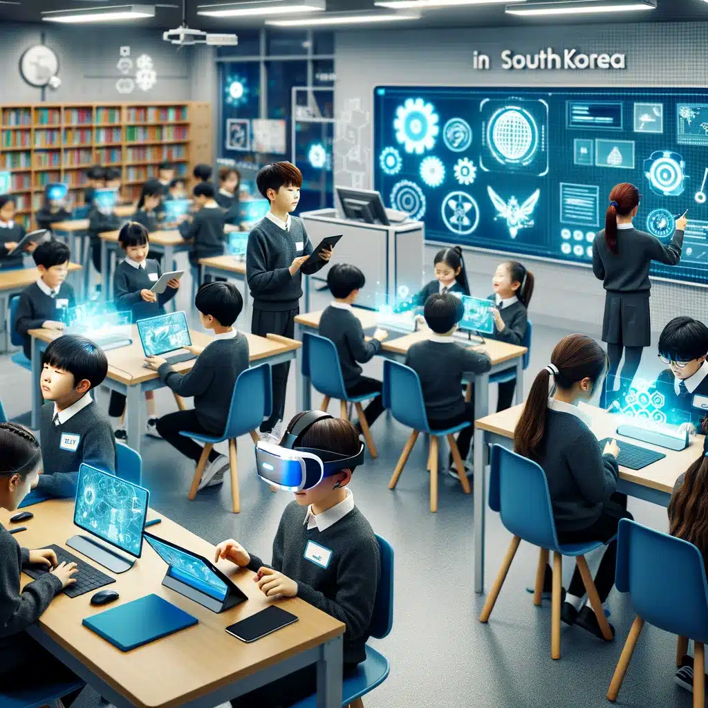 1 dall%c2%b7e 2024 03 02 18.35.40 students in a south korean educational setting engaging with advanced technology for learning. the scene includes students of various ages using table