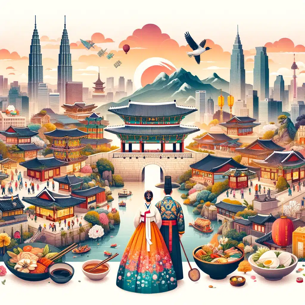 dall%c2%b7e 2024 03 05 11.38.58 create an image that encapsulates the essence of exploring south korea showcasing a blend of traditional and modern elements. this should include ico