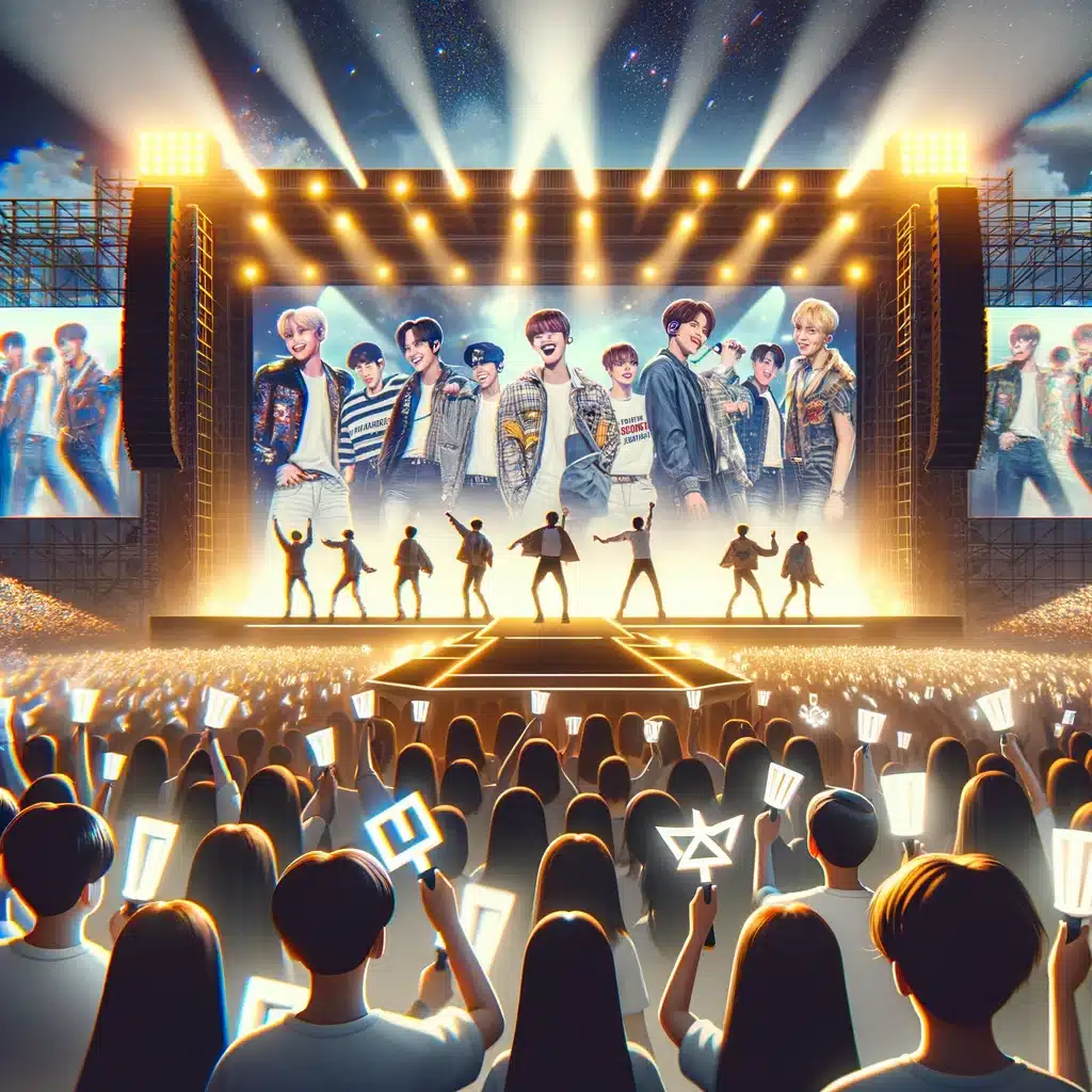 dall%c2%b7e 2024 03 05 11.39.13 create an image depicting a lively k pop concert scene in south korea showcasing fans enjoying the performance with light sticks in hand and a dynam