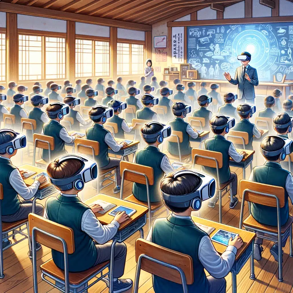 Le rôle de la technologie dans l'éducation coréenne : une révolution numérique 2 dall·e 2024 03 02 18.17.08 an immersive educational experience using virtual reality with students wearing vr headsets and exploring a virtual learning environment. the image s