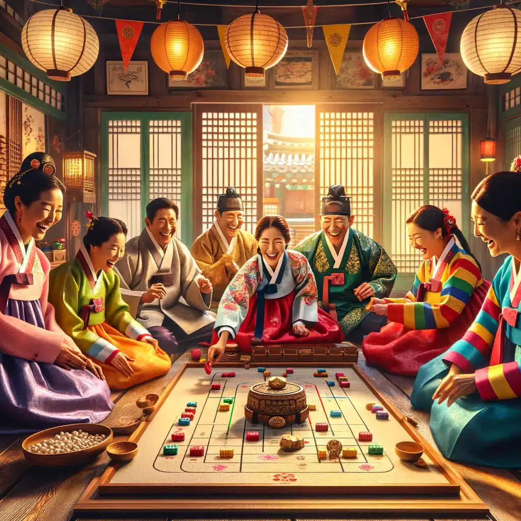 Korean traditional games: a rise in popularity 1 cette image capture une scène vibrante et colorée d'une famille réunie autour d'un jeu de yutnori lors d'une célébration du nouvel an. l'ambiance festive est soulignée par les vêtements traditionnels et l'intérieur chaleureux d'une maison coréenne, mettant en avant la joie et l'excitation partagées.
