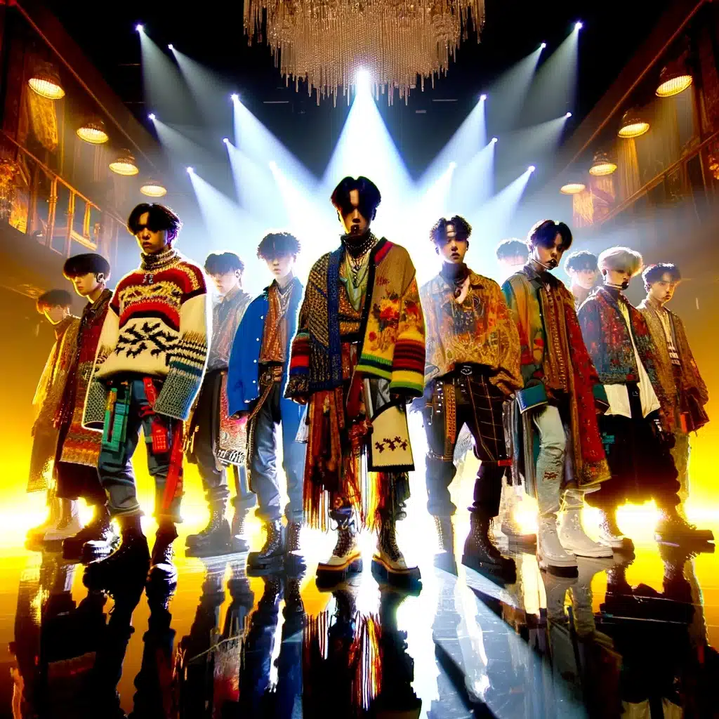 groupe de k-pop sur scène avec tenues avant-gardistes.