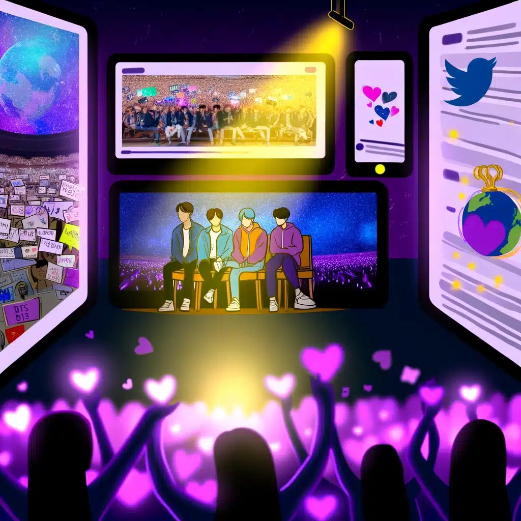 Bts k-pop: global flight of cultural icons 3 scene depicting bts surrounded by screens displaying messages and art from fans around the world, with a vibrant atmosphere of community and support.