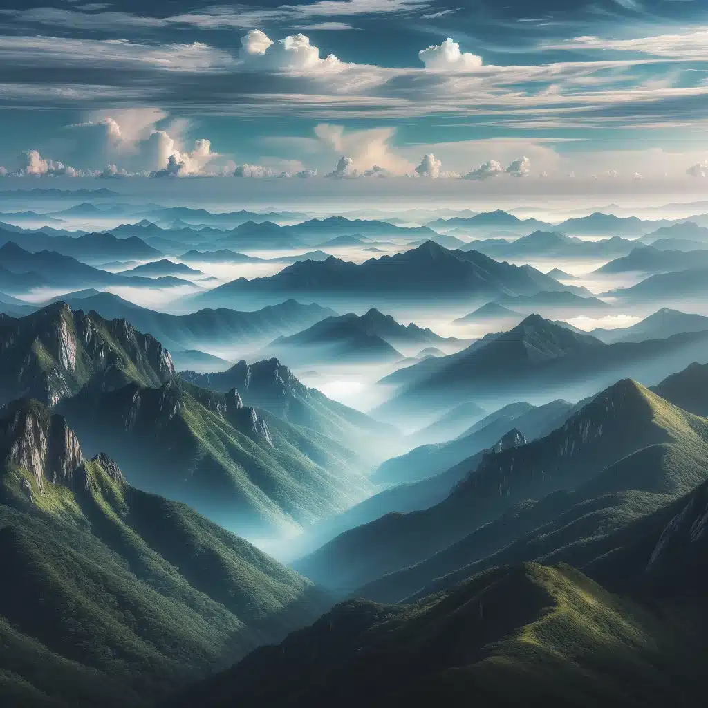 Partagez votre témoignage sur la corée 1 montagnes de corée du sud sous une brume matinale, avec sommets verdoyants.