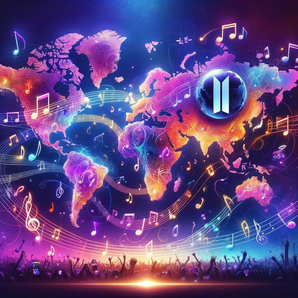 Bts k-pop: global flight of cultural icons 1 world map with iconic bts musical notes and symbols emanating from south korea, symbolizing the global influence of k-pop.