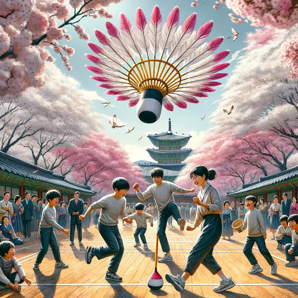Korean traditional games: a rise in popularity 3 l'image montre des enfants et des adultes jouant au jegichagi dans un parc, sous les cerisiers en fleur. le mouvement et la concentration des joueurs sont mis en avant, symbolisant la joie et la nature compétitive du jeu, ainsi que son ancrage dans la tradition et la communauté.