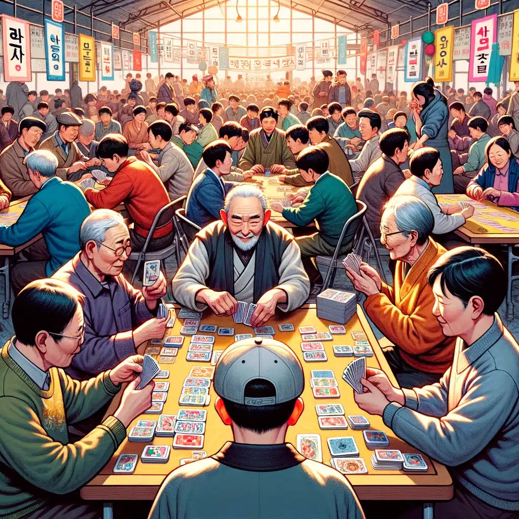 Korean traditional games: a rise in popularity 2 cette image illustre une scène dynamique d'un tournoi de go-stop dans un centre communautaire coréen, avec des participants de tous âges. l'enthousiasme et la concentration des joueurs sont palpables, entourés de décorations traditionnelles, reflétant l'importance de ce jeu dans la culture coréenne.